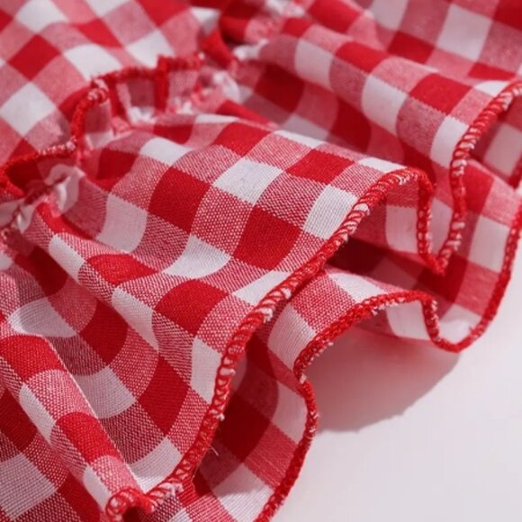 Girls Red Plaid Sleeveless Ruffle Dress - Picture 4 of 6